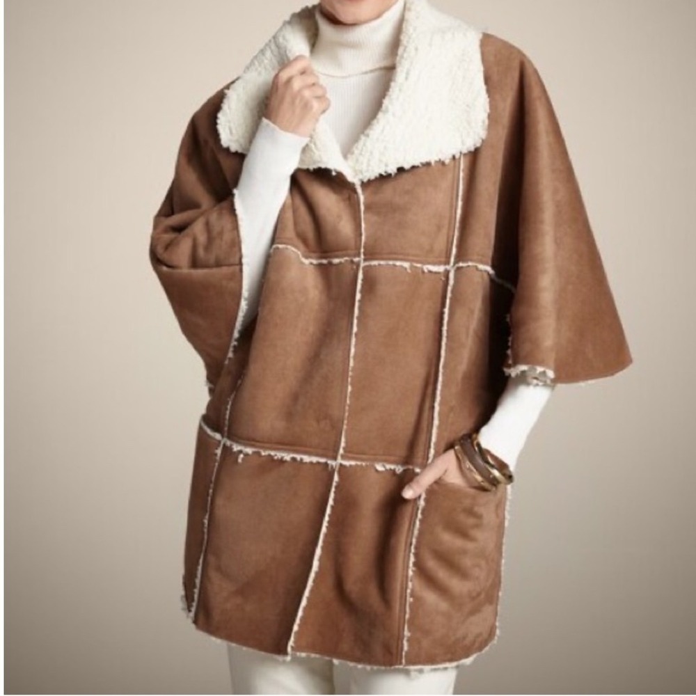 Chicos Brown Faux Suede Shearling Poncho Wrap Cape Coat